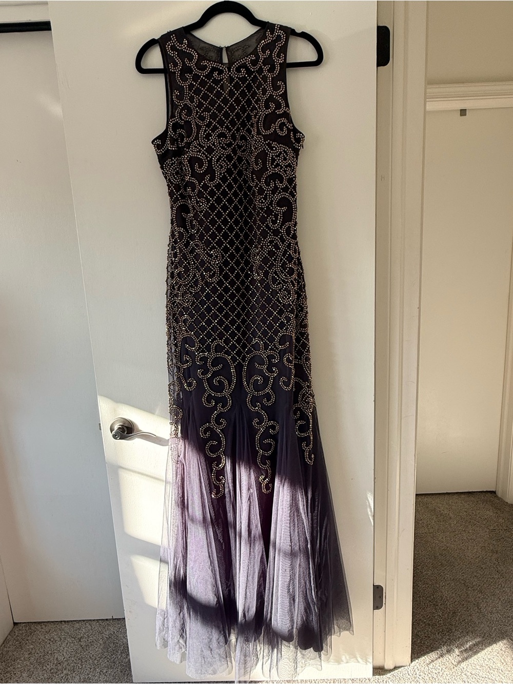 Xscape Beaded Sleeveless Maxi Gown in Deep Purple with Gold Accents